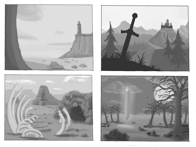 Four black and white fantasy landscape scenes