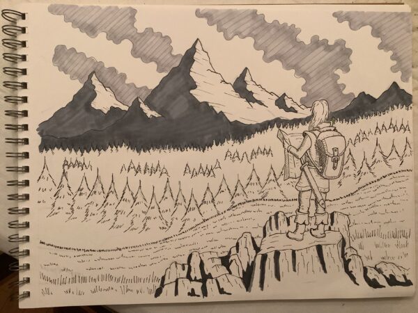 Ink drawing of an adventurer looking toward mountains, they are holding a map and wearing a large backpack